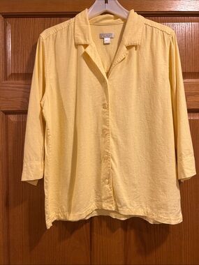 Linen Christopher & Banks Light Yellow Button-Front Blouse 3/4 Sleeve Size Large